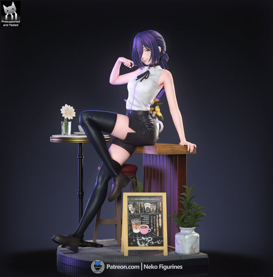 Fully colored render of Reze Chainsaw Man collectible statue posed on café counter with flowers, chalkboard, and cup of coffee – 1:7 scale.
