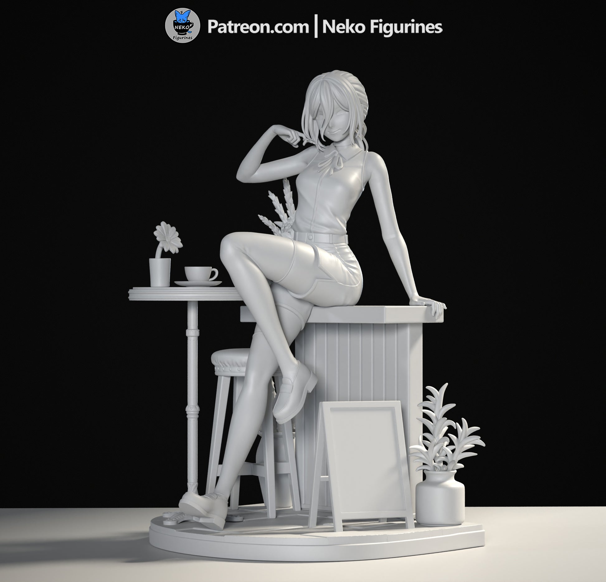 Front grayscale render of Reze Chainsaw Man 1:7 scale collectible statue sitting cross-legged at café counter with plants and signboard.