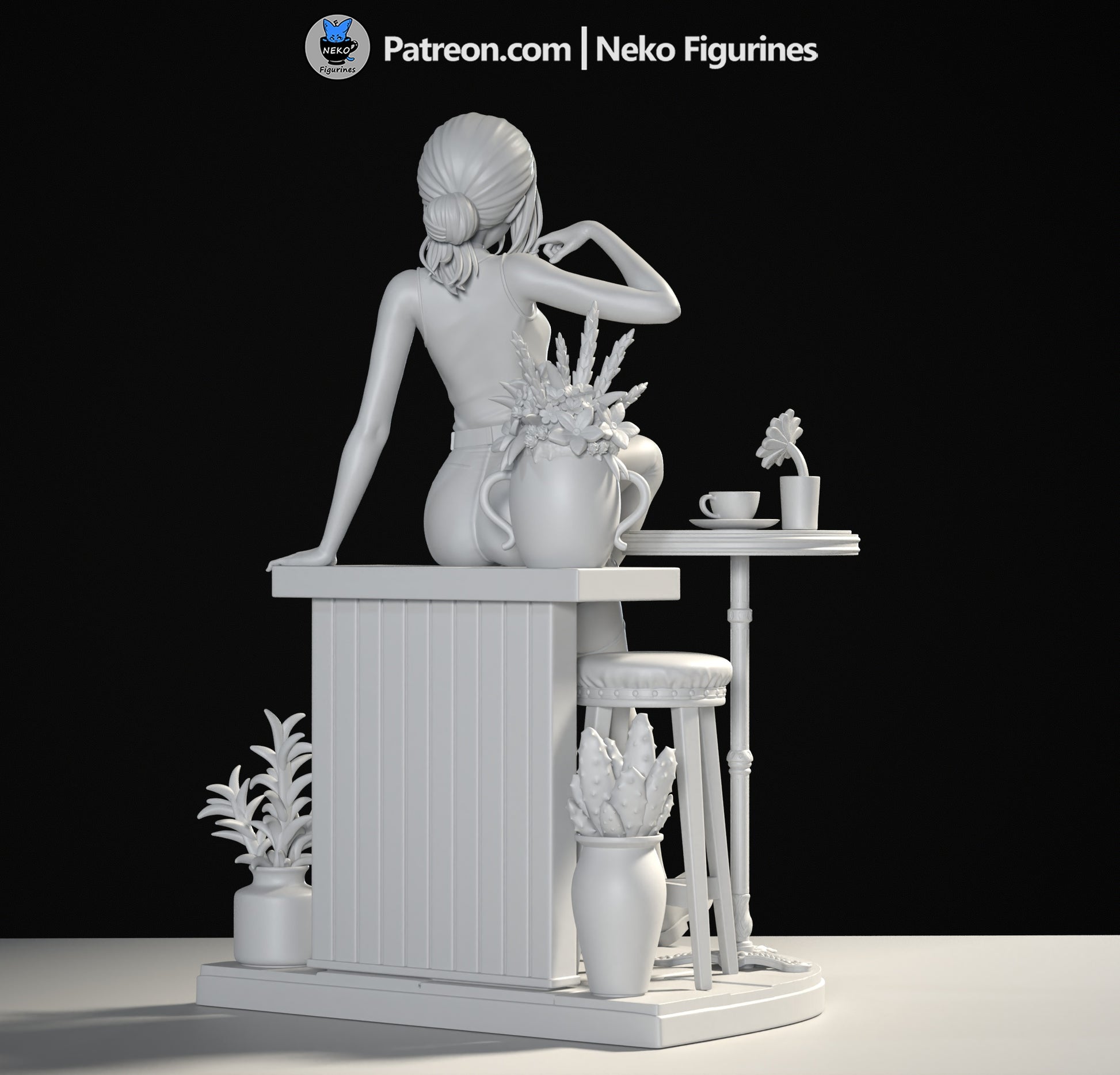 Reze statue back view featuring café setup with flowers, stool, and coffee table – 1:7 scale collectible figure from Chainsaw Man by Neko Figurines.