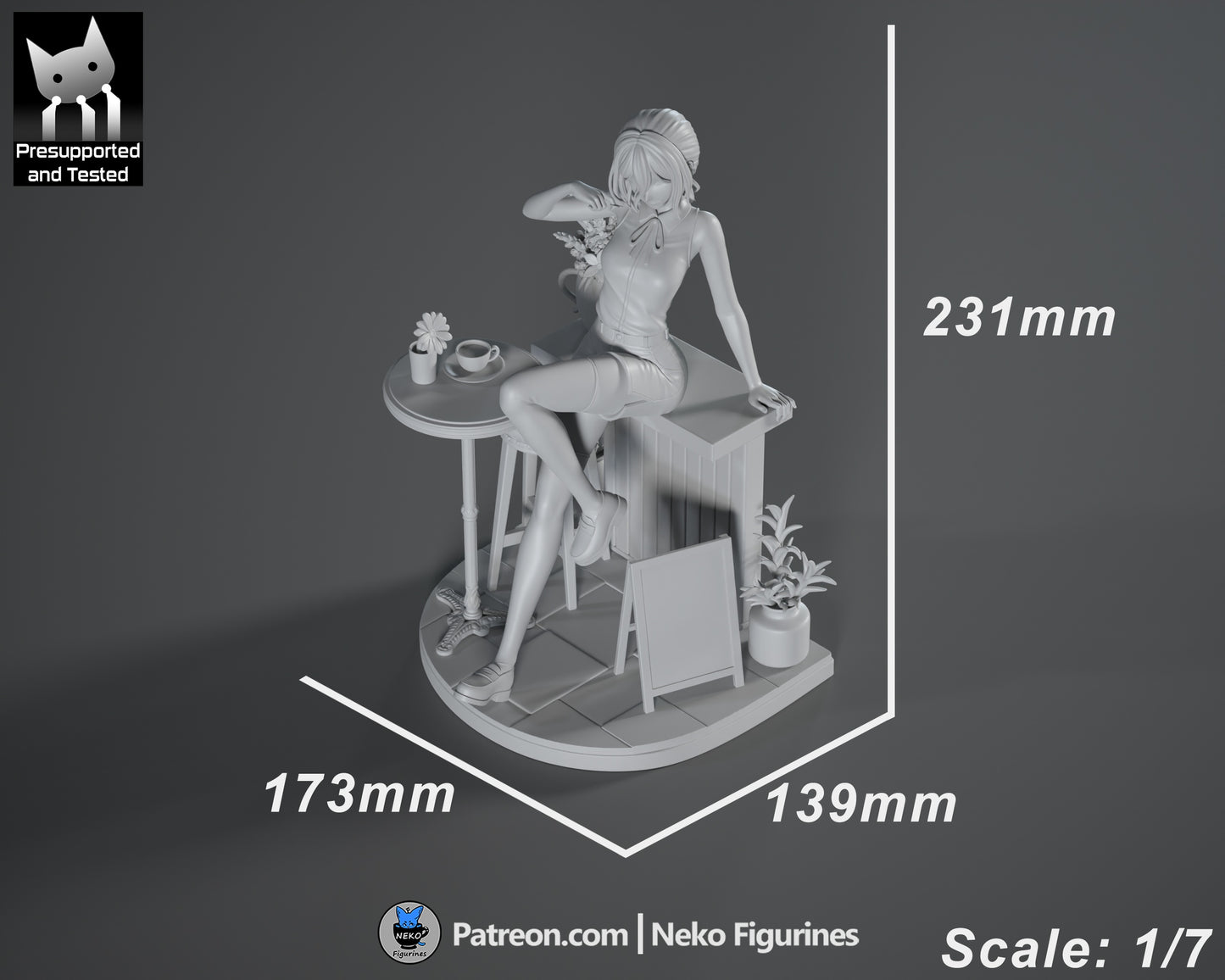 Reze measurement render showing 231mm tall 1:7 scale Chainsaw Man statue with café furniture and detailed base.