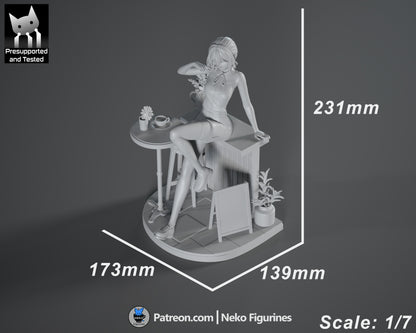 Reze measurement render showing 231mm tall 1:7 scale Chainsaw Man statue with café furniture and detailed base.