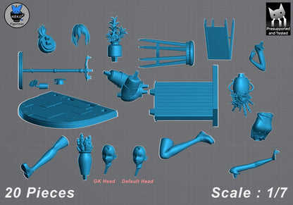 Disassembled 20-piece layout of Reze Chainsaw Man 1:7 collectible statue showing modular parts, two head options, and café accessories.