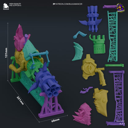 Modular 3D model of Jinx's Rhino Gun from League of Legends and Arcane, showcasing detailed parts for assembly, including barrels, handles, and accessories.