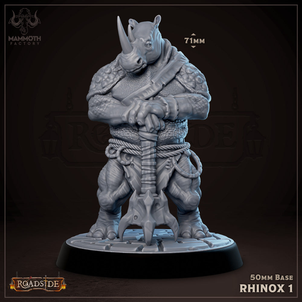 Anthropomorphic rhinoceros warrior with loincloth, leaning on it's massive mace, suitable for Dungeons and Dragons or Pathfinder. 