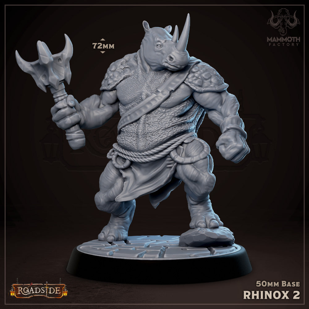 Rhinox warrior wielding a large war hammer, posed for combat, great for a fantasy RPG campaign.