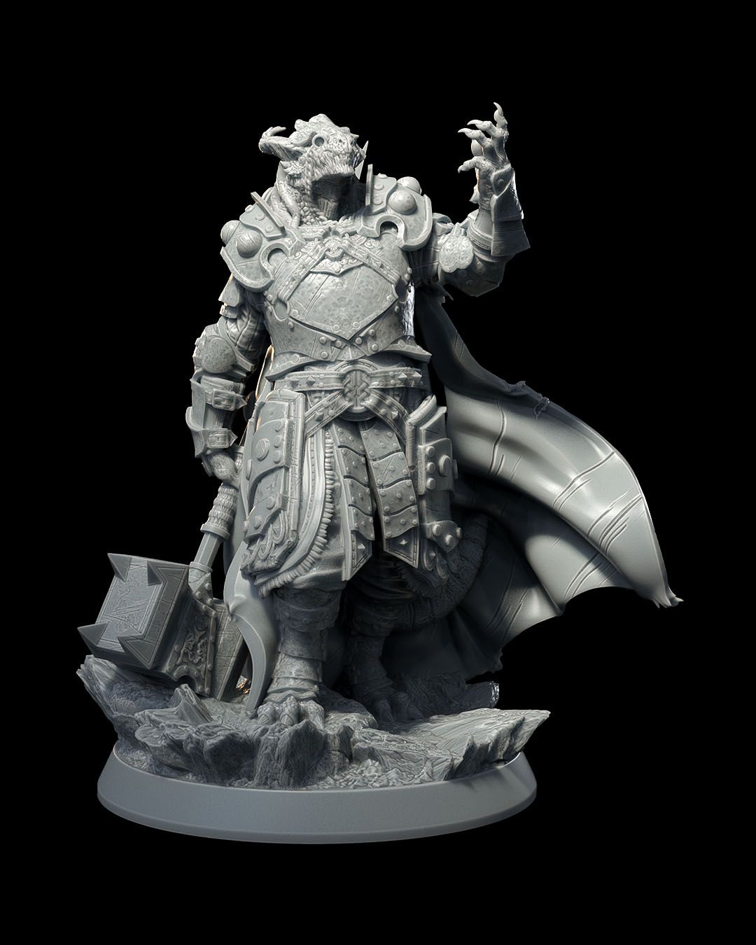 Full front view of Rhogar Caellestine, the dragonborn paladin, with his warhammer raised and cape billowing behind him on a rocky base.