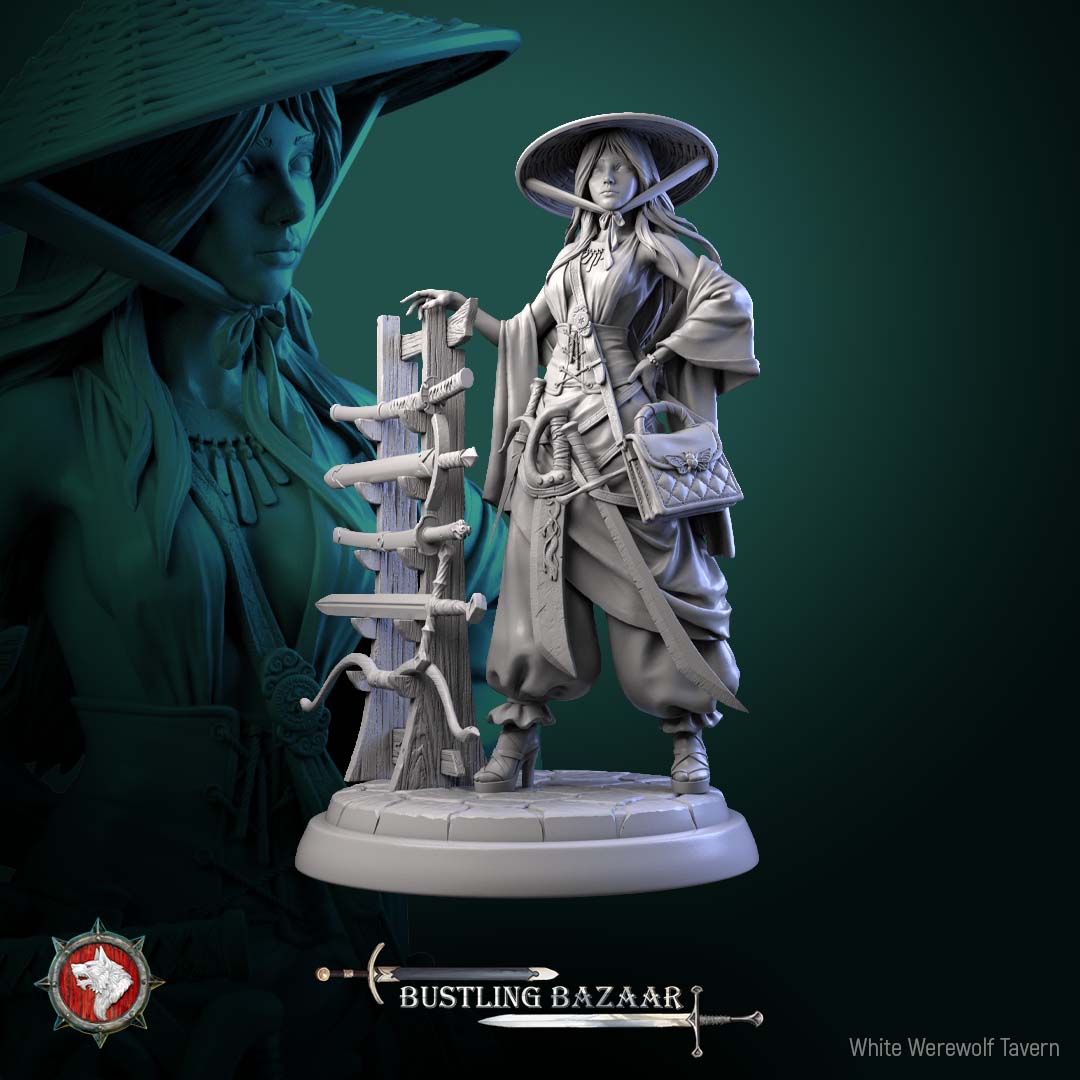 Rika Sharpwind human weapons merchant miniature standing beside wooden sword rack carrying satchel