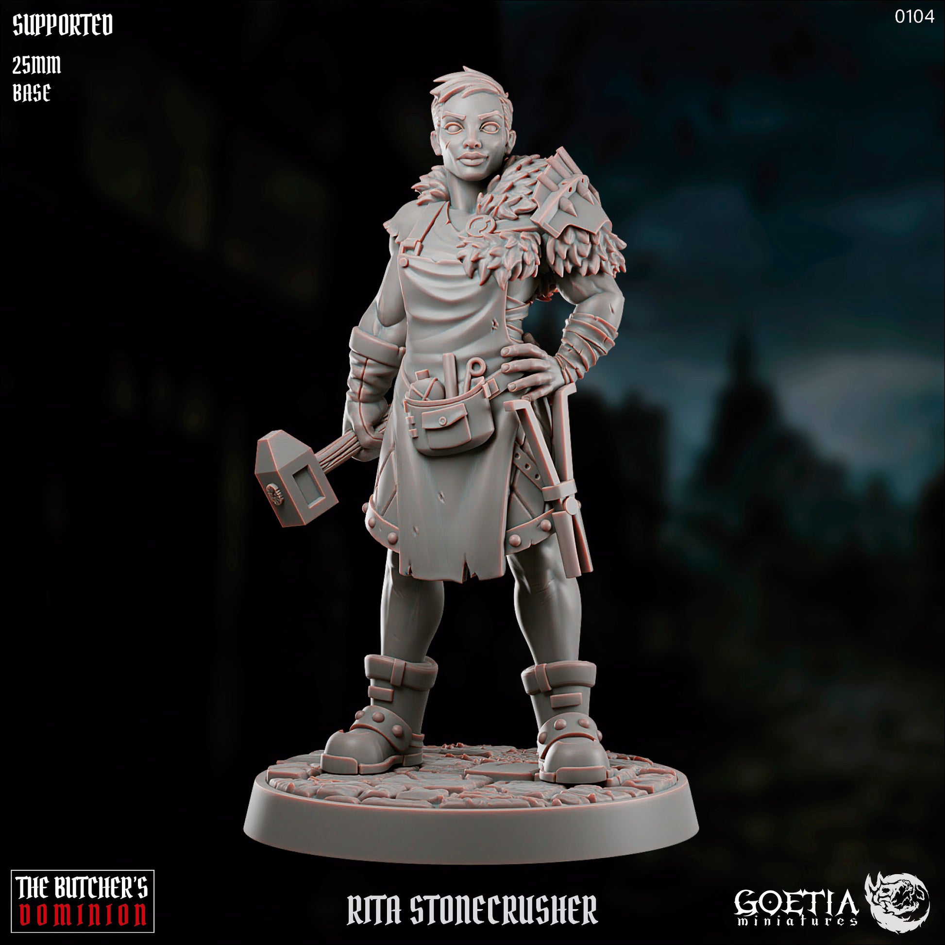 Human female warrior miniature holding warhammer, fur mantle over leather armor, tool pouch and belt gear, standing confident pose on 25mm base for Dungeons and Dragons Pathfinder Shadowdark