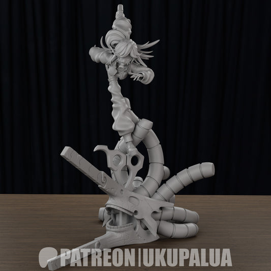Riyo Reaper Gachiakuta figure mid-air pose on twisting serpent base, unpainted gray resin, 1:7 scale collectible