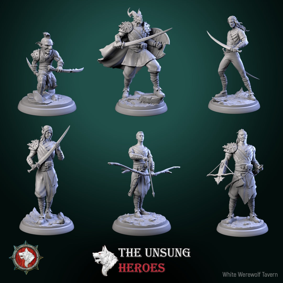 Group shot of Roadside Bandits miniatures including elf, goblin, orc, and dragonborn villains – TTRPG villain set for Dungeons & Dragons.