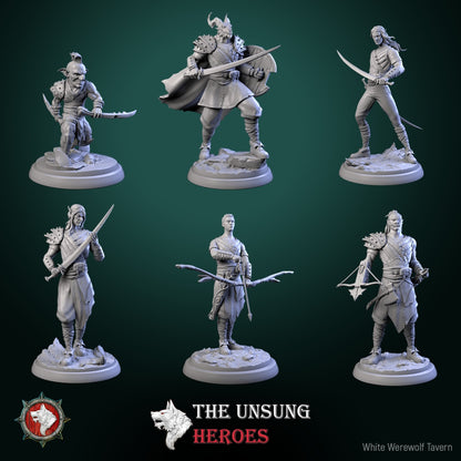 Group shot of Roadside Bandits miniatures including elf, goblin, orc, and dragonborn villains – TTRPG villain set for Dungeons & Dragons.