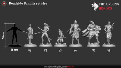 Group shot of Roadside Bandits miniatures including elf, goblin, orc, and dragonborn villains – TTRPG villain set for Dungeons & Dragons.