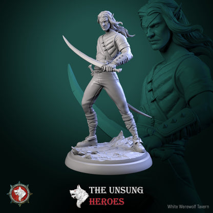 Elf bandit miniature wielding a curved sword in a battle stance on rocky terrain – Dungeons & Dragons NPC villain miniature.
