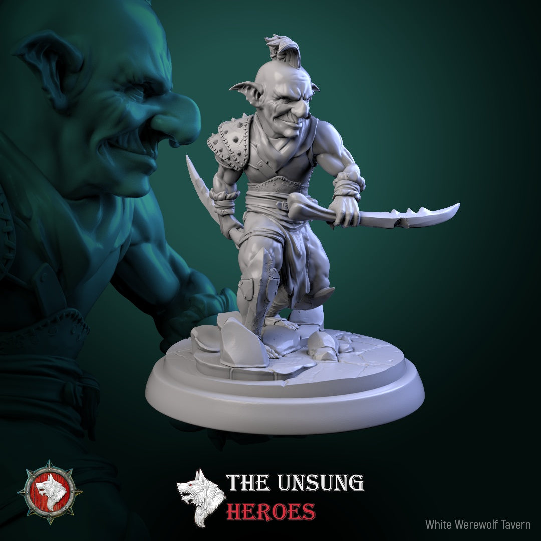 Goblin bandit miniature with jagged blade and sneering face, posed mid-strike – Pathfinder RPG goblin villain miniature.