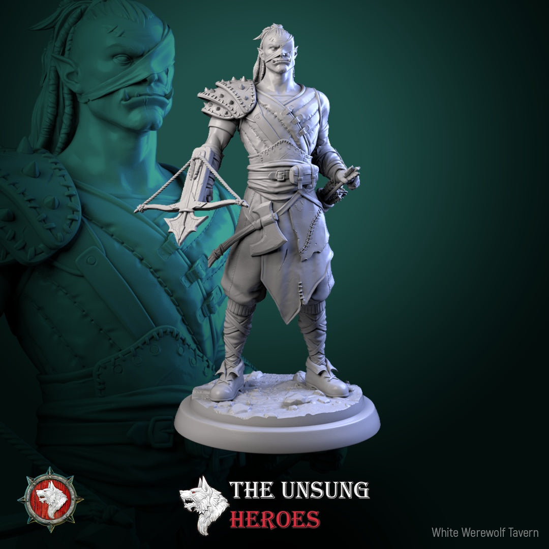 Orc bandit miniature armed with crossbow and spiked armor – Warhammer Fantasy RPG orc NPC miniature.
