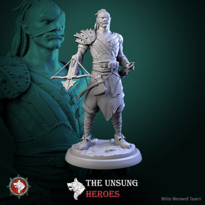 Orc bandit miniature armed with crossbow and spiked armor – Warhammer Fantasy RPG orc NPC miniature.