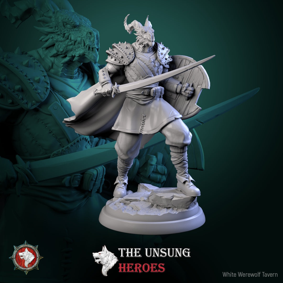 Dragonborn bandit miniature with sword and shield, standing in aggressive pose – D&D dragonborn villain miniature.