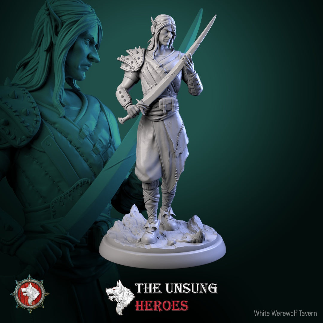 Elf bandit miniature inspecting his sword with spiked armor and long hair – Pathfinder elf NPC miniature.