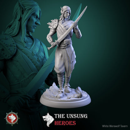 Elf bandit miniature inspecting his sword with spiked armor and long hair – Pathfinder elf NPC miniature.