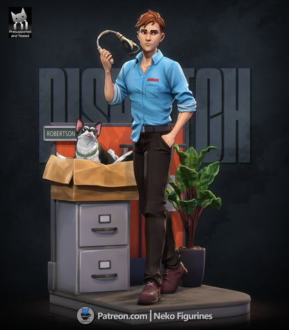 Robert Robertson 1:7 scale figure standing with headset in hand, office dispatch operator pose, button-up shirt, slacks, relaxed stance, diorama base with filing cabinet, dog companion, and potted plant