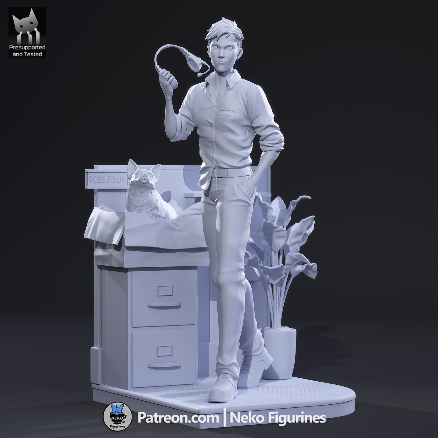 Robert Robertson grayscale 3D render front view, dispatch operator holding headset, office environment base, dog in box, relaxed stance