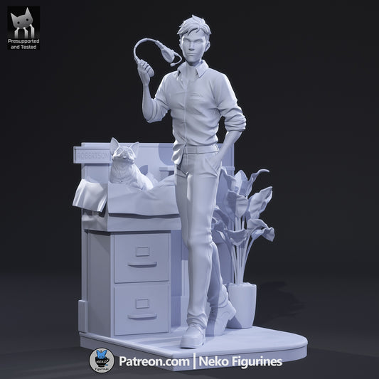 Robert Robertson grayscale 3D render front view, dispatch operator holding headset, office environment base, dog in box, relaxed stance
