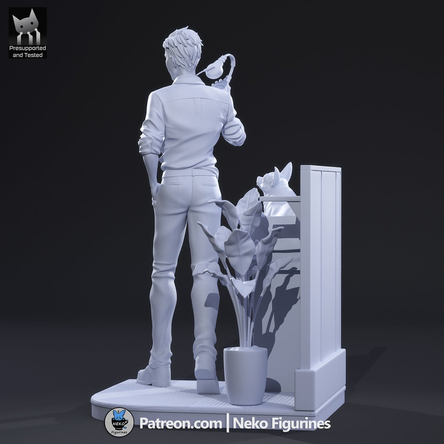 Robert Robertson figure rear view showing casual standing posture, headset cable, detailed shirt folds, slacks, shoes, office diorama base with plant and cabinet