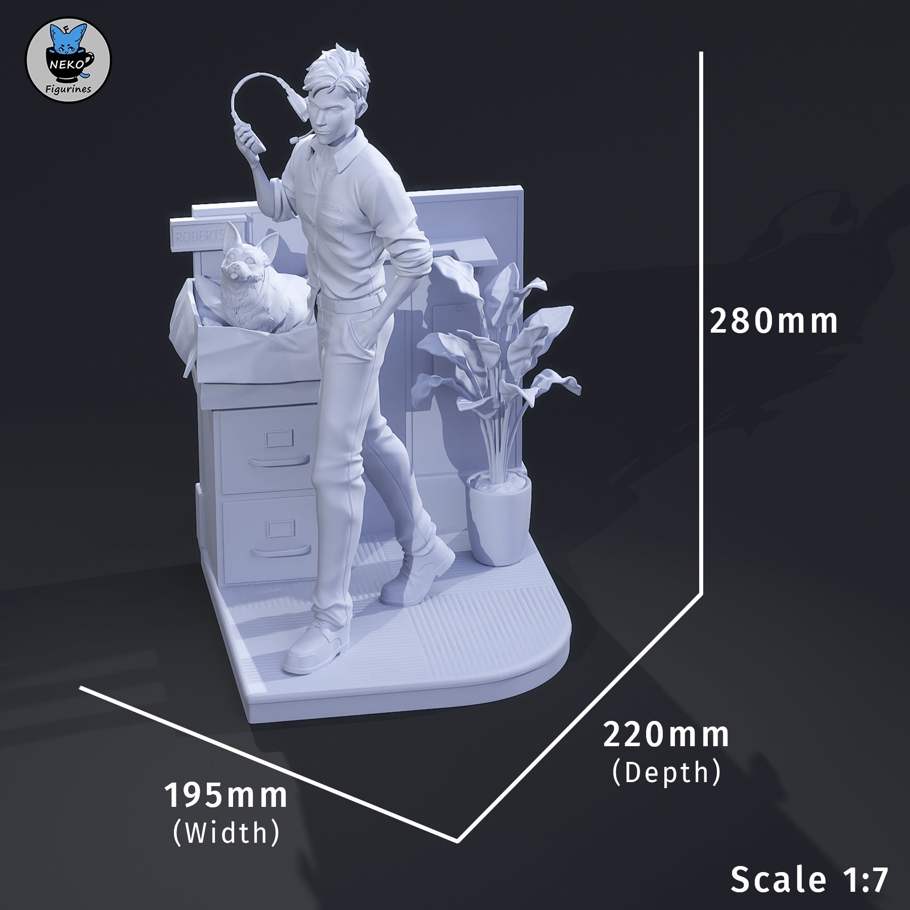 Robert Robertson 1:7 scale figure dimensions reference showing height 280mm, width 195mm, depth 220mm