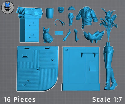 Robert Robertson 1:7 scale figure parts layout showing 16 individual pieces including body sections, head, headset, office furniture, dog - Beef, plant, and base