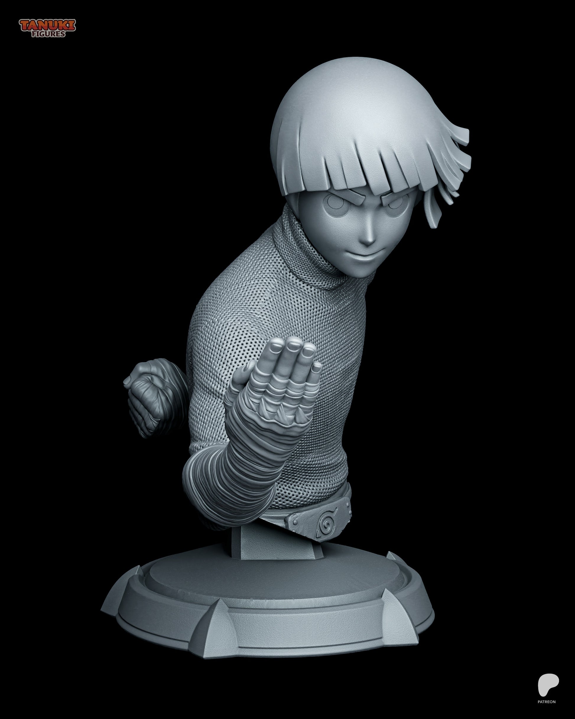 Unpainted 1:6 scale bust of Rock Lee, posed mid-taijutsu motion with detailed hand wrap, textured clothing, and Leaf Village belt plate.