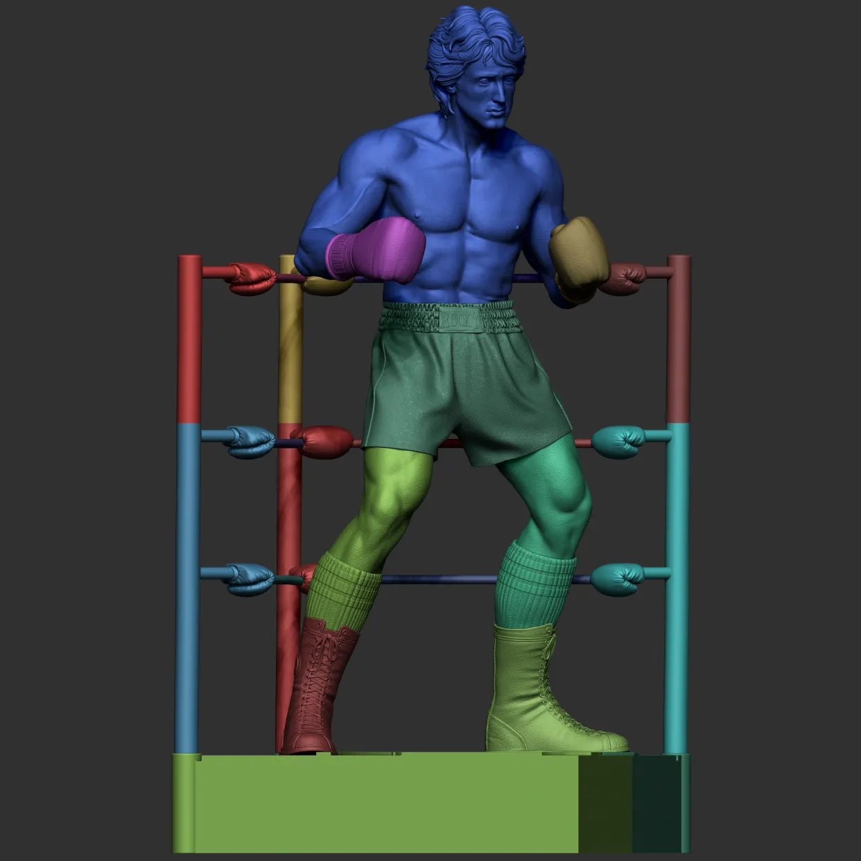 Rocky Balboa 3D model color breakdown showing separate sculpted ring and character parts.