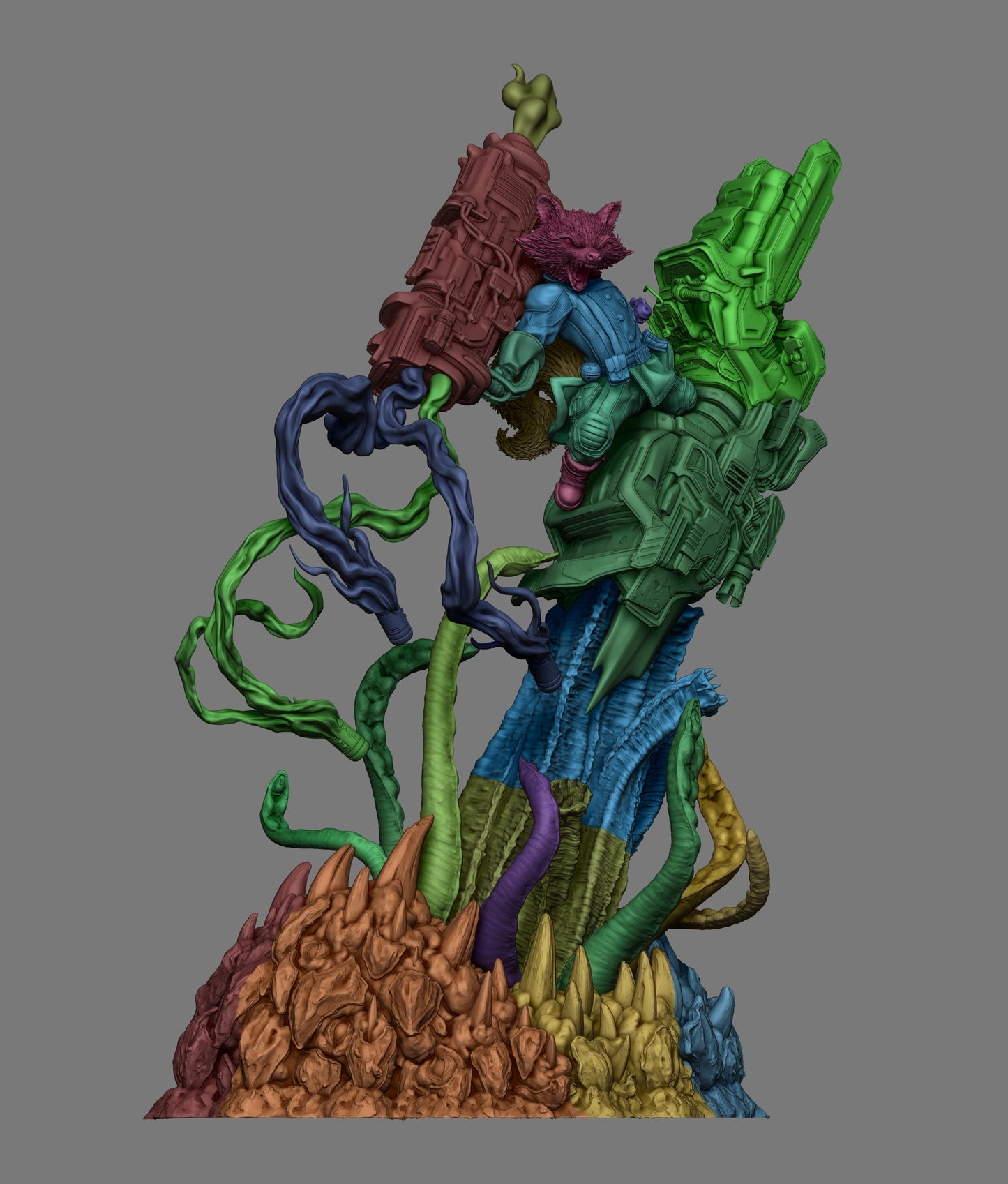Full sculpt breakdown of Rocket Raccoon collectible with biomechanical base and sci-fi weapon details