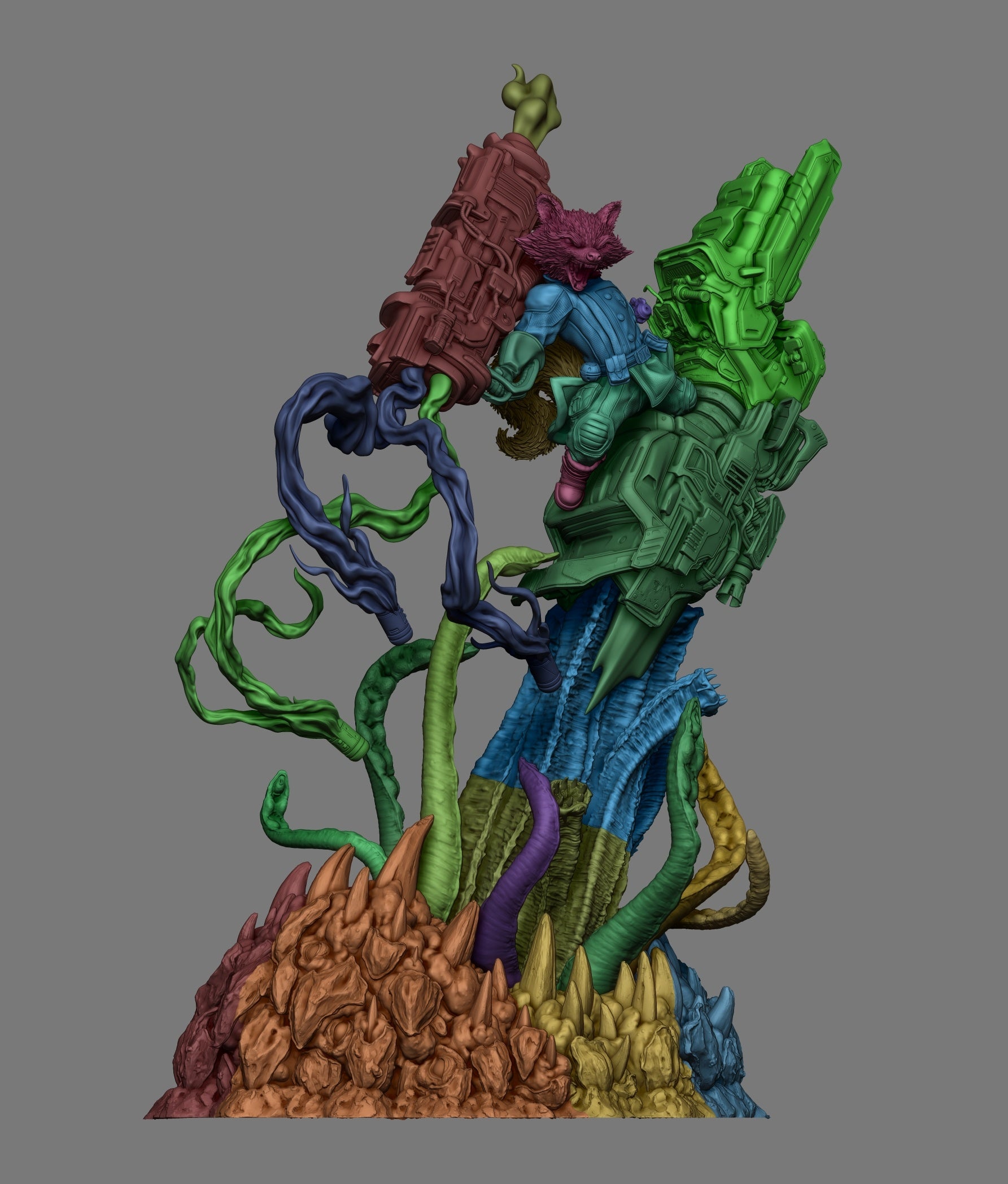 Full sculpt breakdown of Rocket Raccoon collectible with biomechanical base and sci-fi weapon details