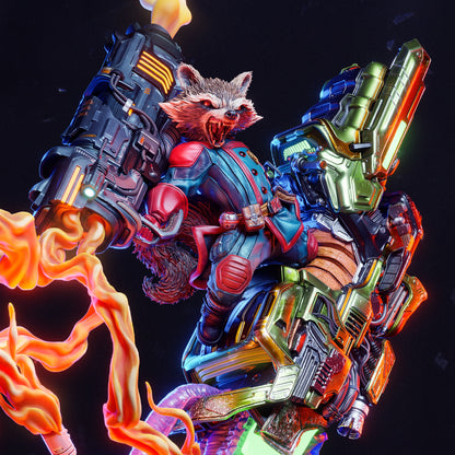 Rocket Raccoon 1:6 scale Marvel collectible figure wielding oversized sci-fi weapons on alien tentacle base