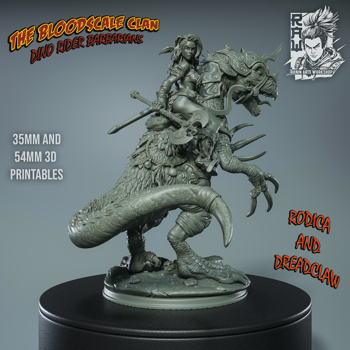 Unpainted render of Rodica mounted on Dreadclaw the Therizinosaurus, posed mid-charge with axe raised and detailed tribal armor.