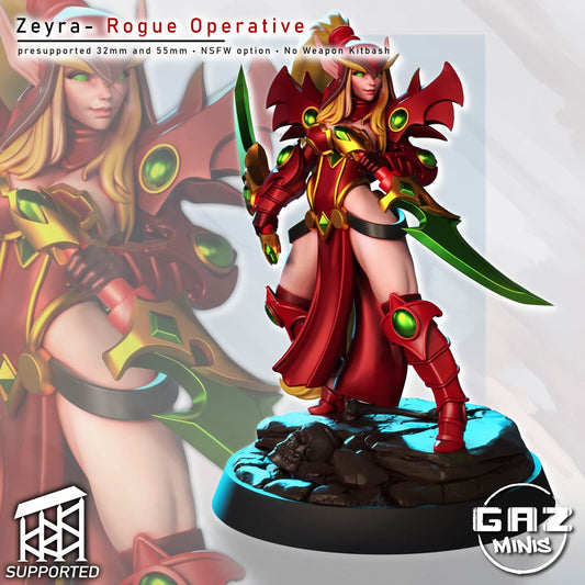 Blood elf rogue miniature inspired by Valeera Sanguinar, dual blade assassin stance, agile armored shadow rogue pose, fantasy Warcraft style miniature
