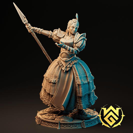 Full figure of the Royal Spearguard in layered skirted armor, lunging forward with a long spear