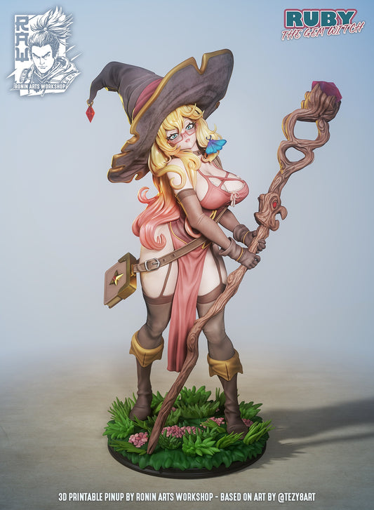 ruby-the-gem-witch-front-view-ronin-arts-workshop – female witch figure holding ornate staff with gemstone top, wearing hat and glasses, posed confidently on scenic base; available in 75 mm and 120 mm collectible sizes.