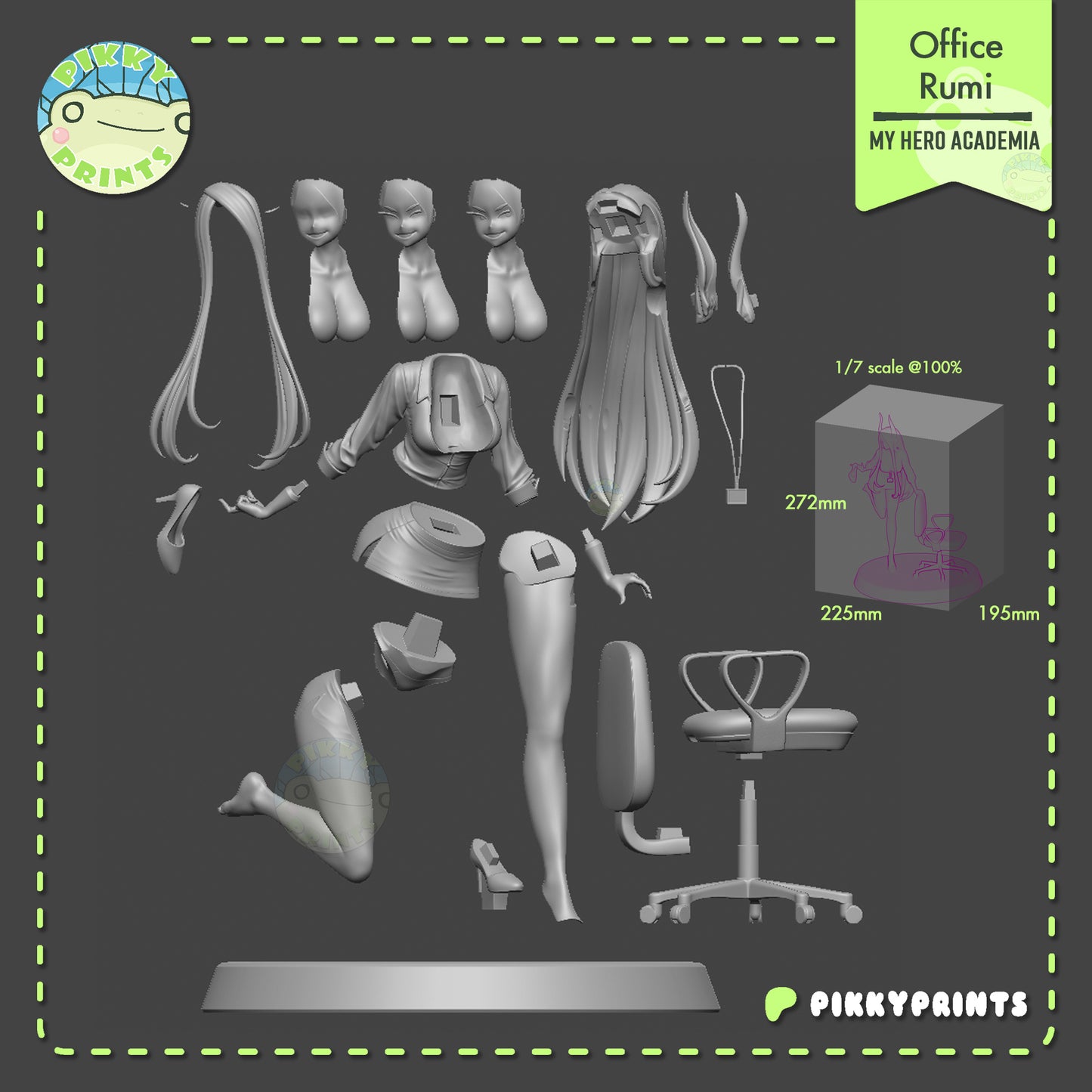 Office Rumi Mirko figure split parts layout showing modular hair, head options, arms, legs, office outfit, chair