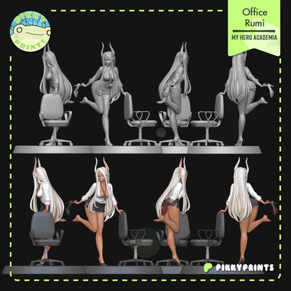 Office Rumi Mirko figure multi-angle collage showing front, side, and rear views with chair accessory