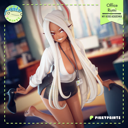 Office Rumi Mirko figure close-up showing facial expression, rabbit ears, office outfit, leaning pose