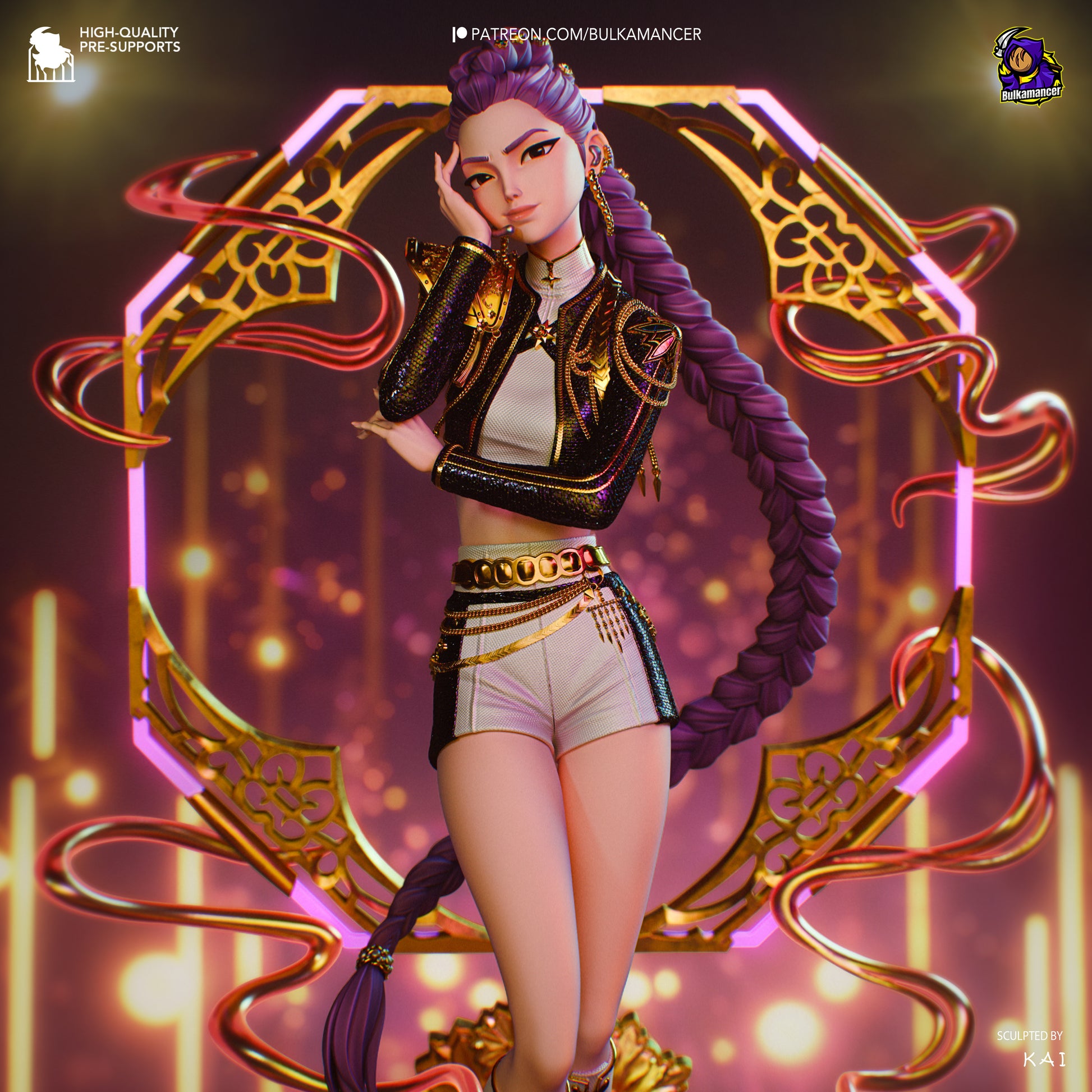 Rumi K-Pop Demon Hunters 1:8 scale collectible figure full-color render with long braid, cropped jacket, shorts, and ornate energy ring base