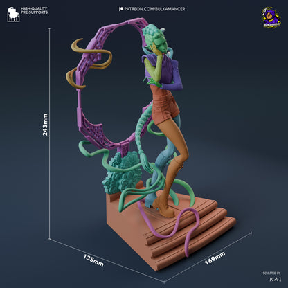 Rumi K-Pop Demon Hunters 1:8 scale figure with measurements 243mm tall, 135mm wide, 169mm deep on a stepped base with energy swirls