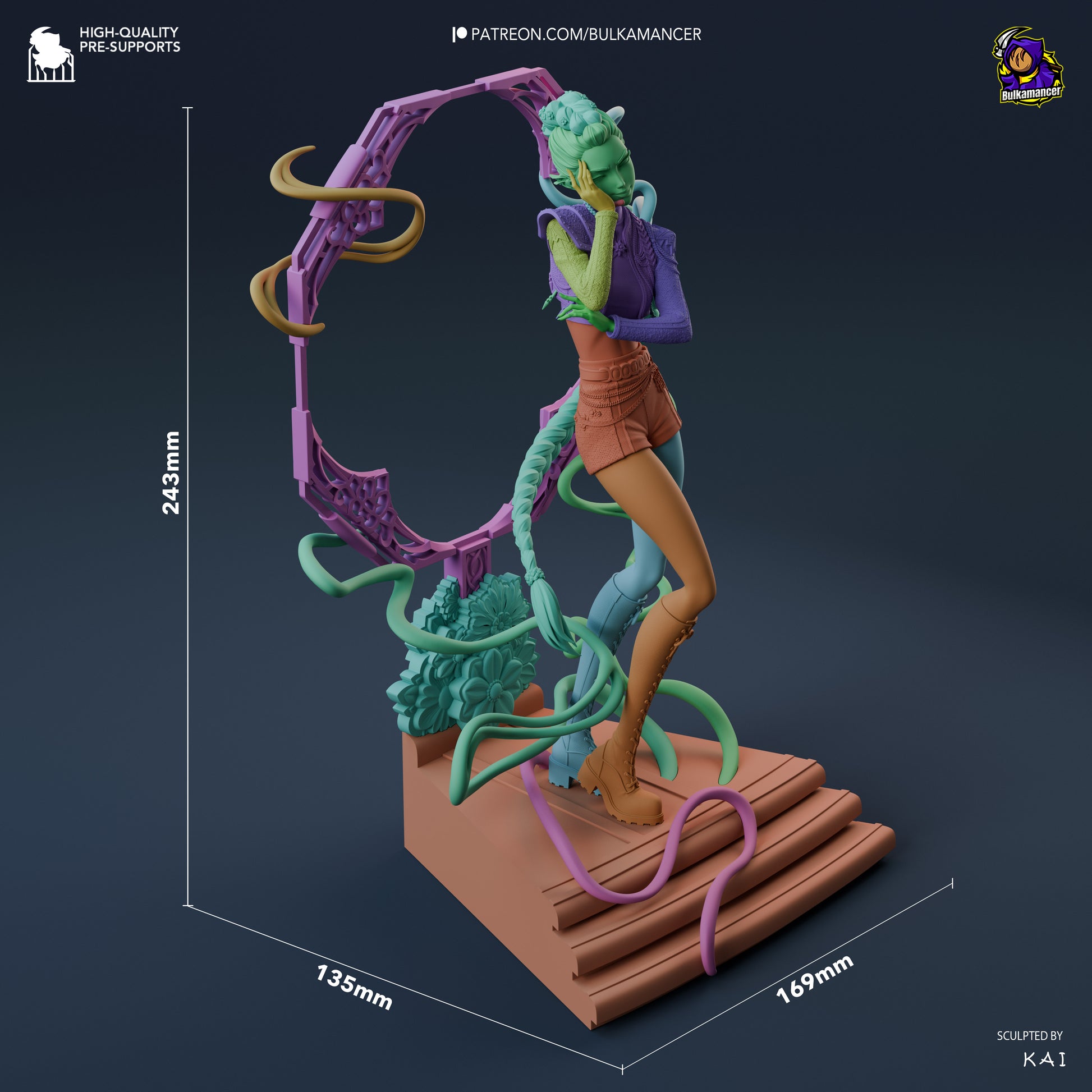 Rumi K-Pop Demon Hunters dimension render showing 243mm height with circular backdrop and flowing ribbons.
