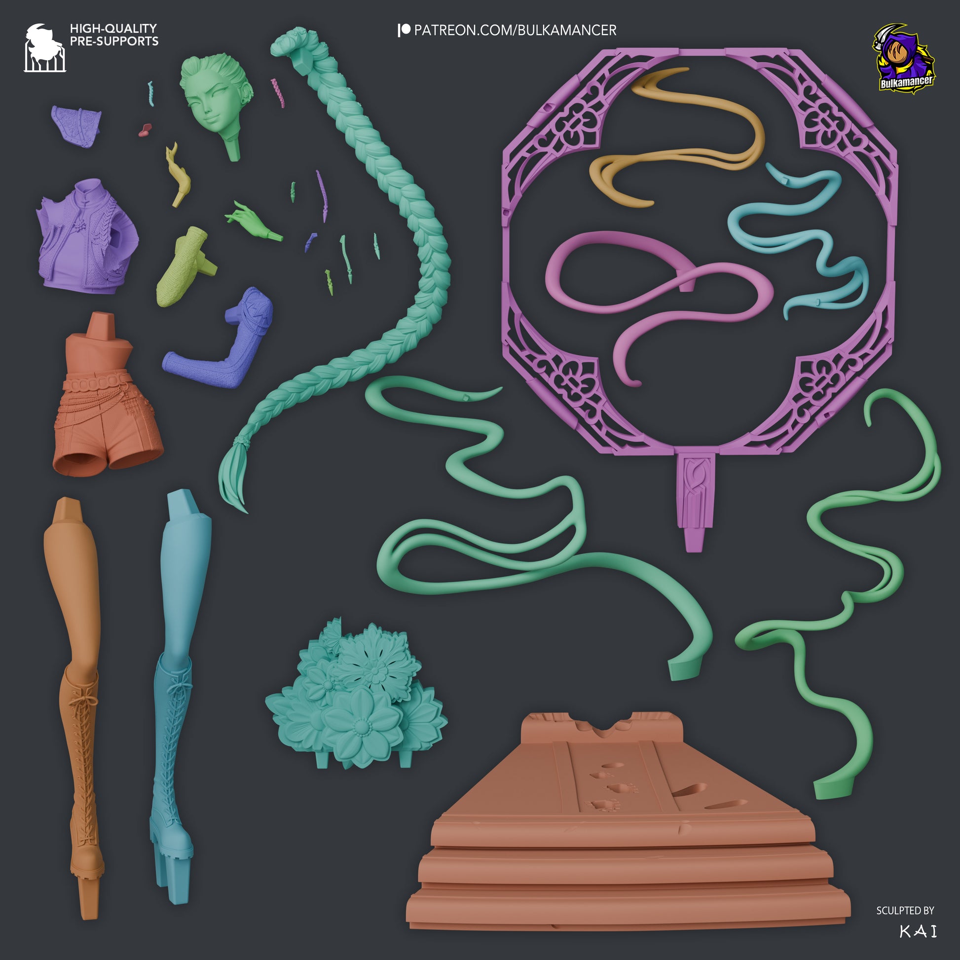 Rumi K-Pop Demon Hunters exploded view showing modular parts including head, braid, jacket, shorts, boots, floral base, and swirling effects