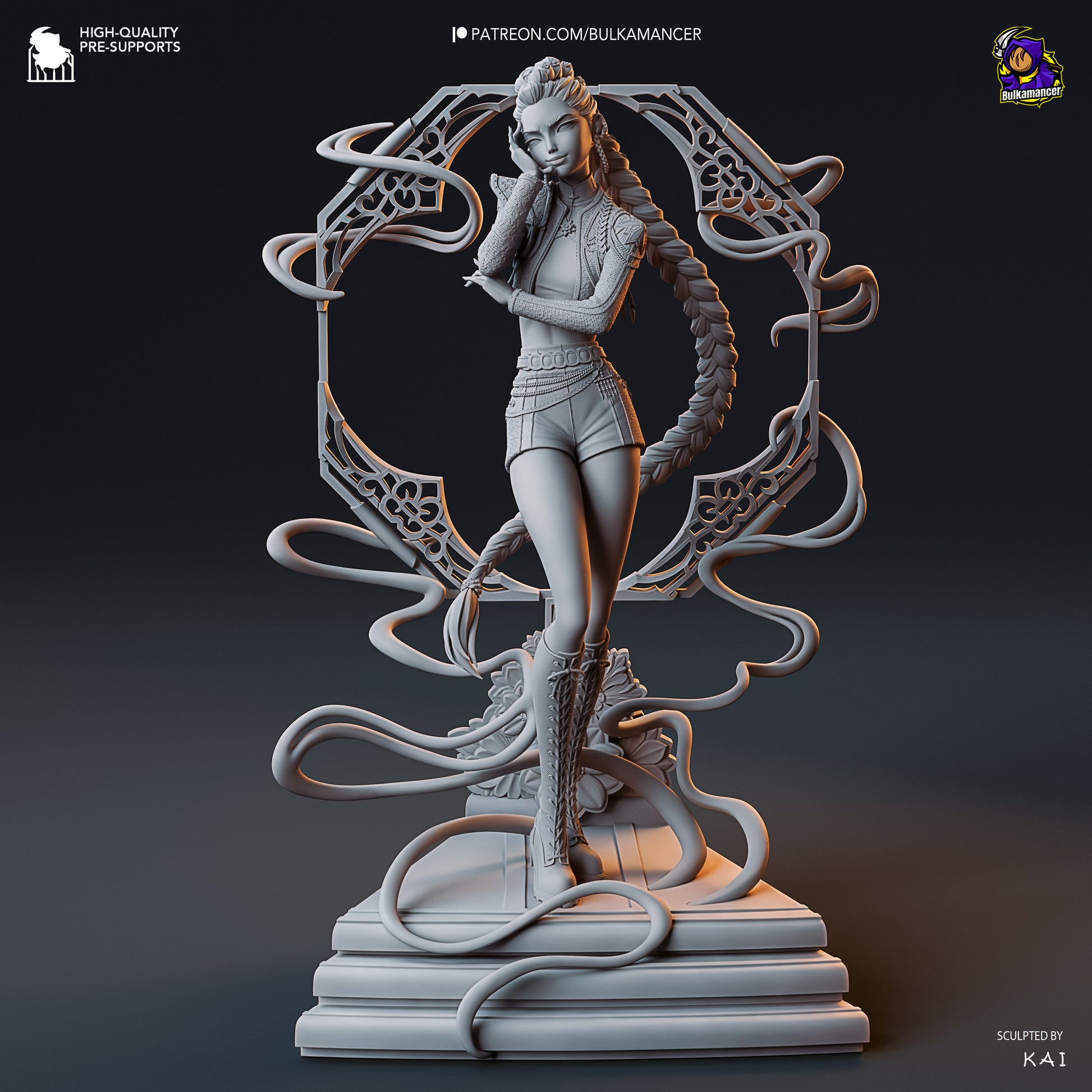 Rumi K-Pop Demon Hunters 1:8 scale unpainted grey render front view with confident pose, ornate circular frame, and flowing energy strands