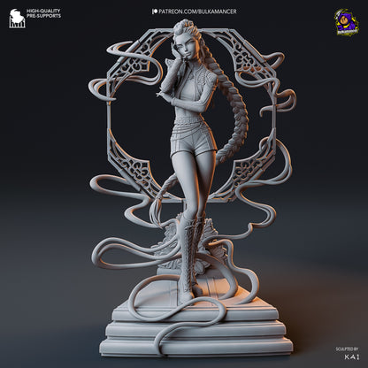 Rumi K-Pop Demon Hunters 1:8 scale unpainted grey render front view with confident pose, ornate circular frame, and flowing energy strands