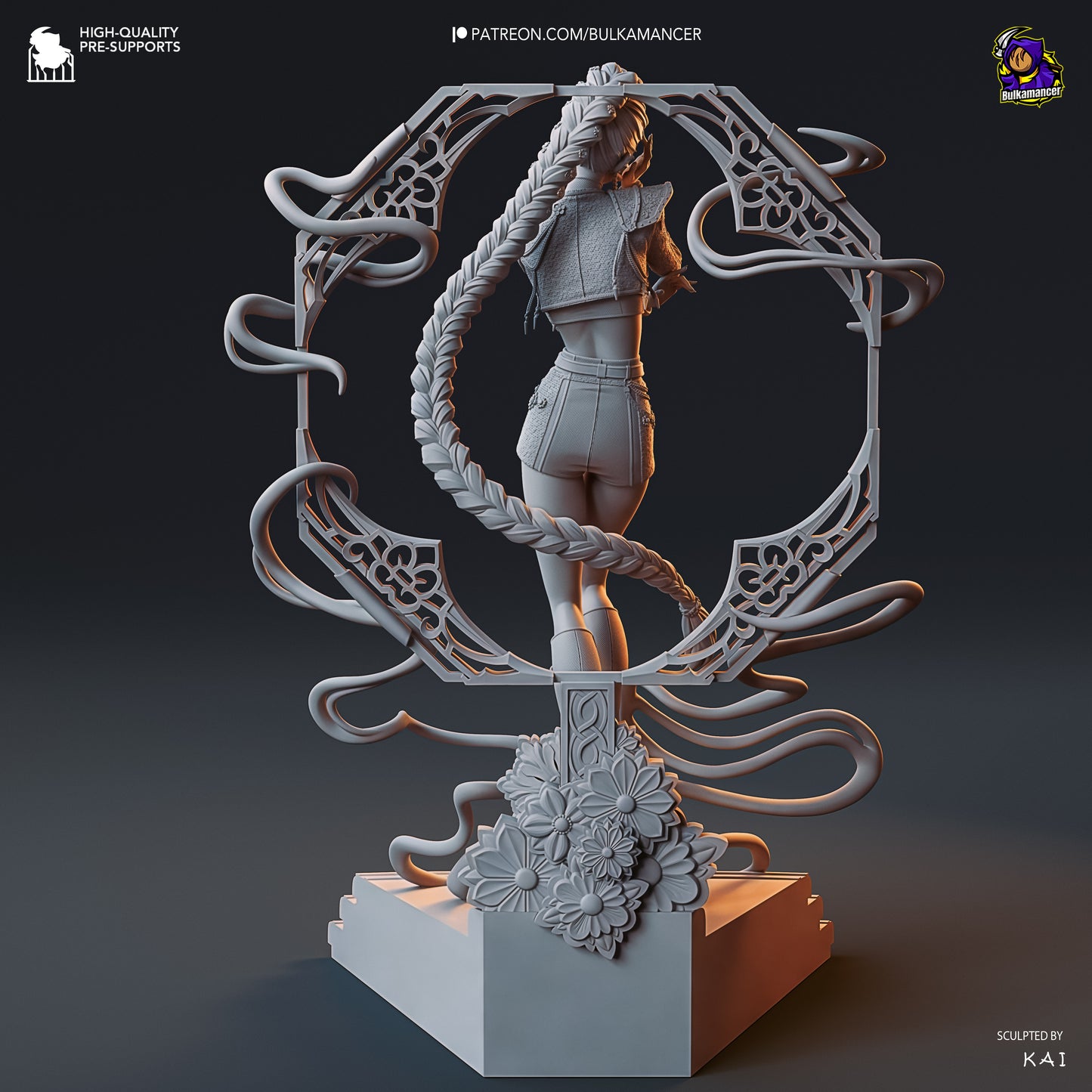 Rumi K-Pop Demon Hunters 1:8 scale unpainted grey render back view highlighting long braid, floral accents, and ornate base details