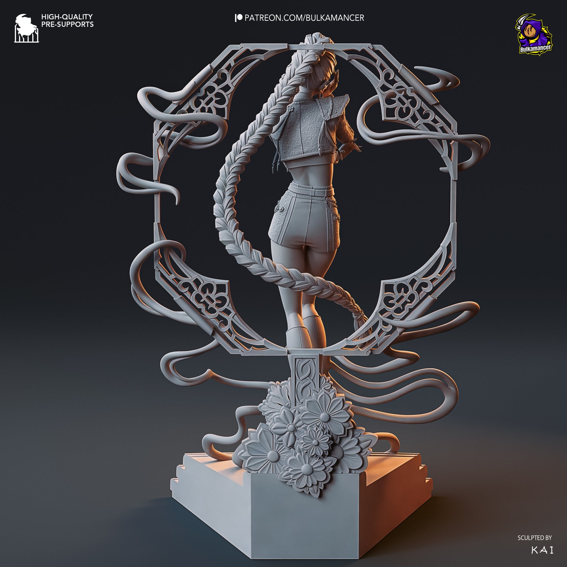 Rumi K-Pop Demon Hunters 1:8 scale unpainted grey render back view highlighting long braid, floral accents, and ornate base details