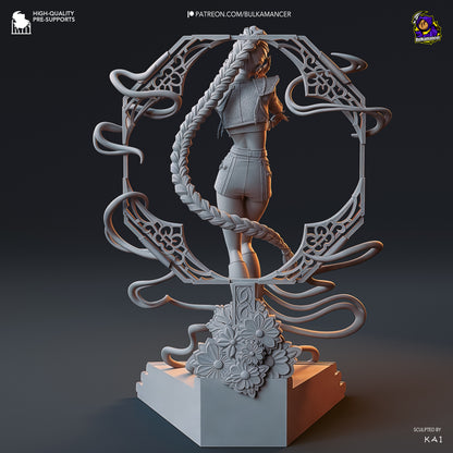 Rumi K-Pop Demon Hunters 1:8 scale unpainted grey render back view highlighting long braid, floral accents, and ornate base details